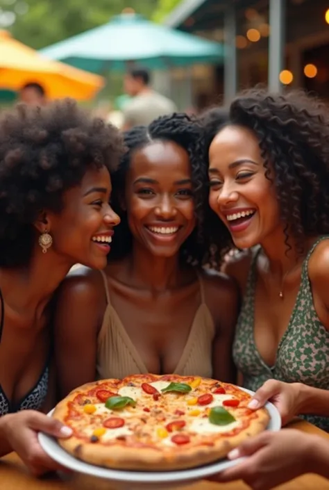 An African woman with an Asian woman and an American woman eating a pizza in Brazil