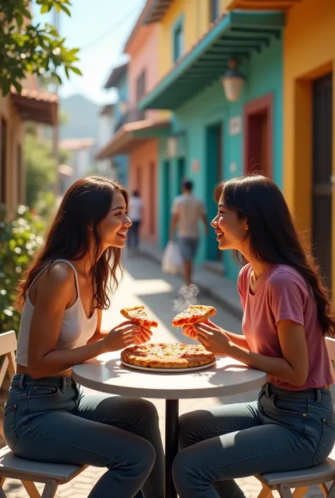 An American woman accompanied by an Asian woman eating pizza in Brazil