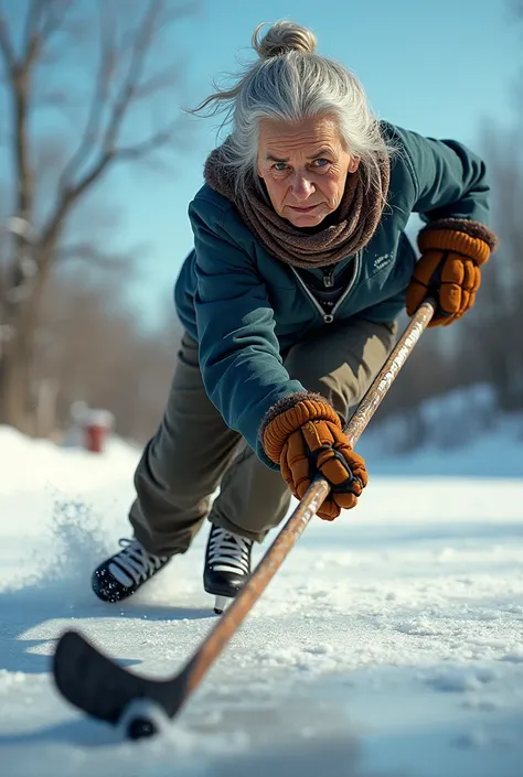 elderly woman playing hockey.