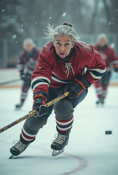 elderly woman playing hockey 