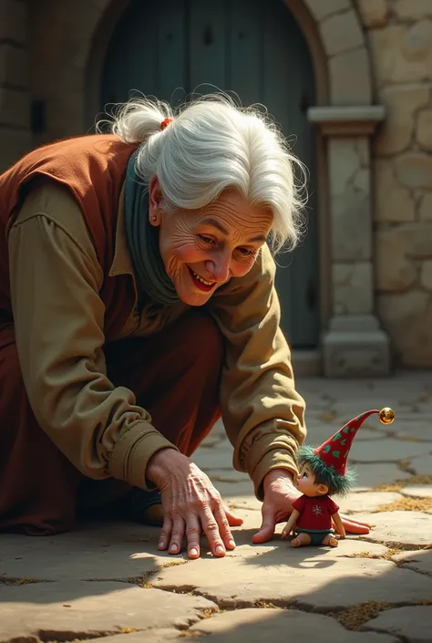 old woman playing jokey on the ground