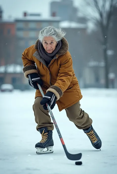 elderly woman playing hockey