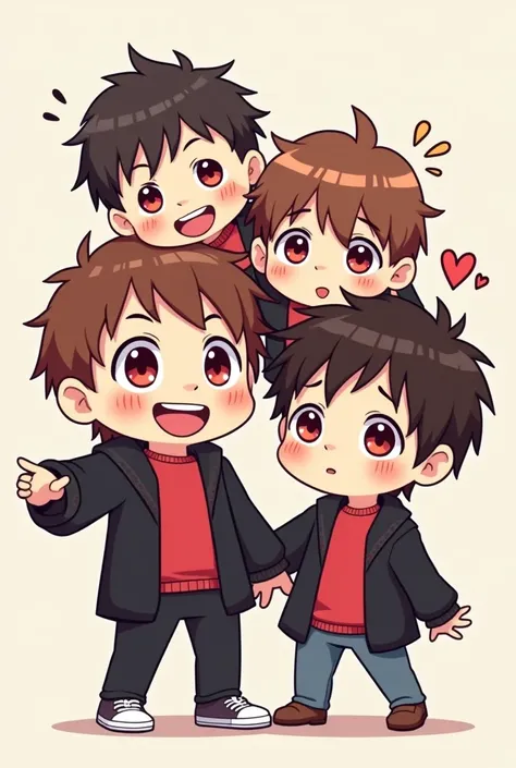 1. Men 2. Chibi figure 3. Red inner shirt 4. Black sweater 5. red eyes