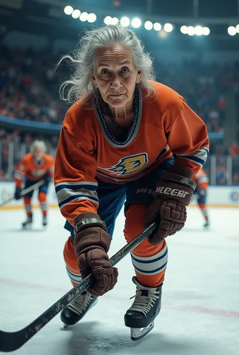 elderly woman playing hockey