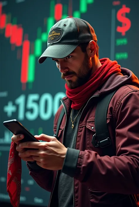 Create an image for trading. There is supposed to be a man in the picture. One wears a cap and a red bandana in his right hand. Should he wear a wonderful money. In the left hand should look at his mobile phone. In the picture you should see red and green ...