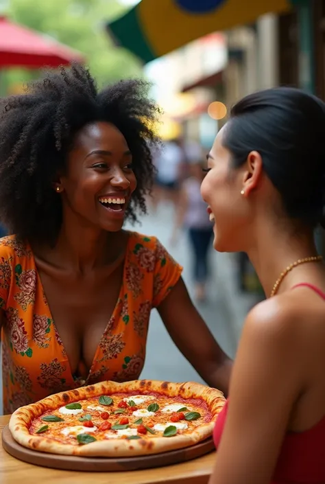 African woman accompanied by Asian woman eating pizza in Brazil