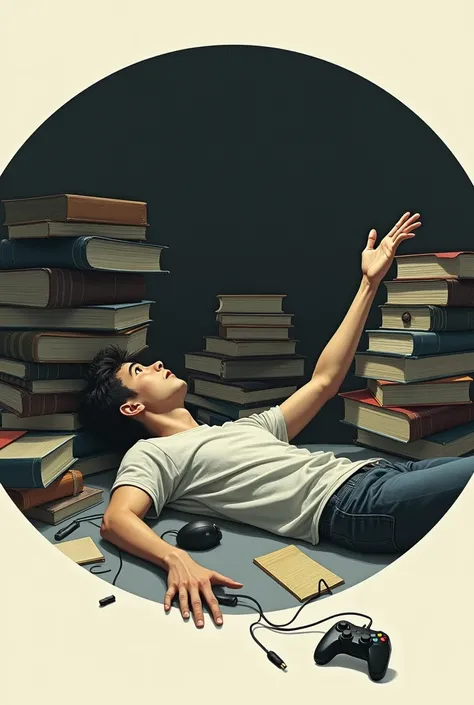 Make a circle shape dp of a alone 20 year boy who is lying on the ground .His one hand is towards gaming accessories but he  couldnt reach it because hes Stranded under a bulk of books .