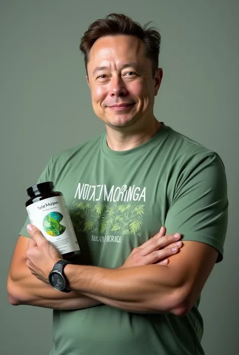 Elon musk wearing tesfalem moringa t-shirt & bottle called tefalem moringa 