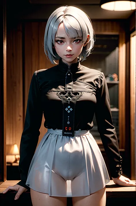 A young girl in realistic portrait of high quality and detail, movie style, Anby Demara (Zenless Zone Zero), She has short silver hair and light brown eyes. She wears a white see-through dress and long black knee socks, pale skin, european girl, medium bre...