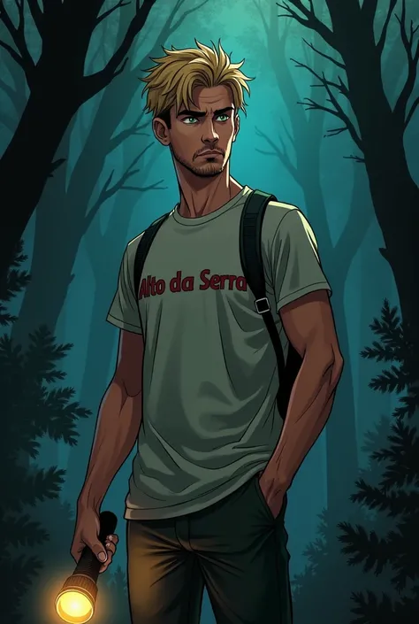 Mature 20 year old man with mysterious expression, dark blonde short hair, with a blond beard and green eyes wearing a summer camp t-shirt that says Alto da Serra and a flashlight in his hand, half dark academia, Estilo da DC Comics, imagem sem fundo