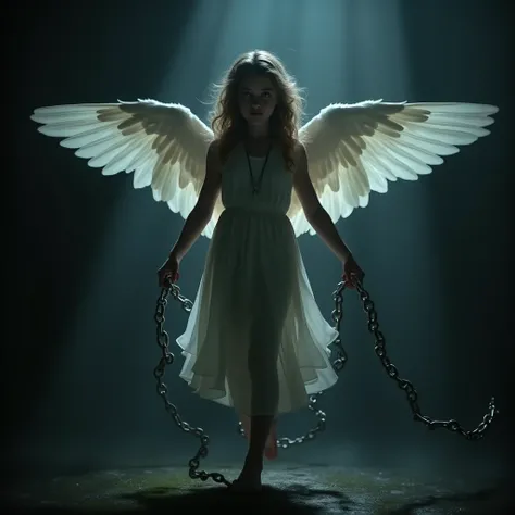 A thin chain locks a beautiful young angel, dark background. Beautiful cinematic lighting, surreal, color graded, dynamic movement, captivating chiaroscuro, full body, award-winning, cinematic still, emotional, vignette, dynamic, vivid, (masterpiece, best ...