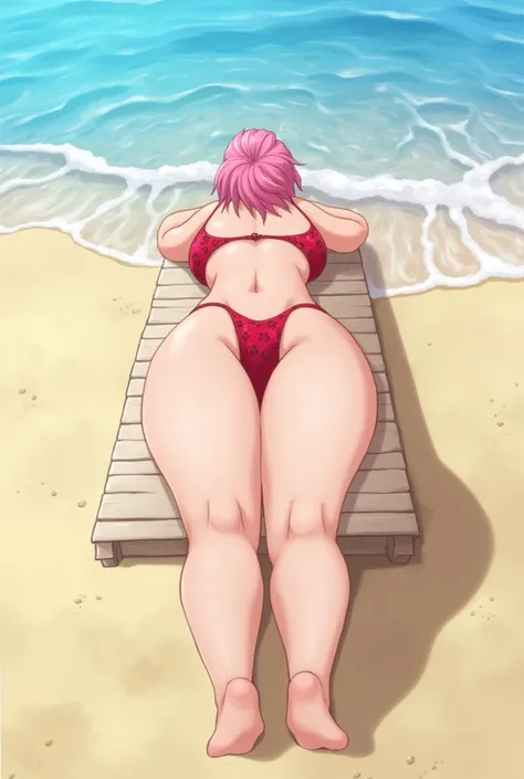  1 girl, a high resolution, big breasts,platform from the anime van pis,pink hair,Darling,in a bikini,on the beach,cum on ass,lies on his stomach and sunbathes,big ass,view from above,back view with big ass view,focus on ass covered in cum,Platform from va...