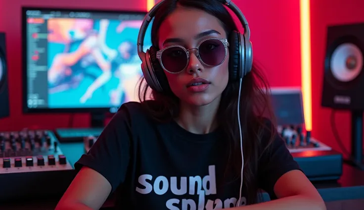 A woman wearing headphones with sunglasses and a T-shirt that says SoundSphereTunes, sitting in a music studio, upper body, looking straight at the camera