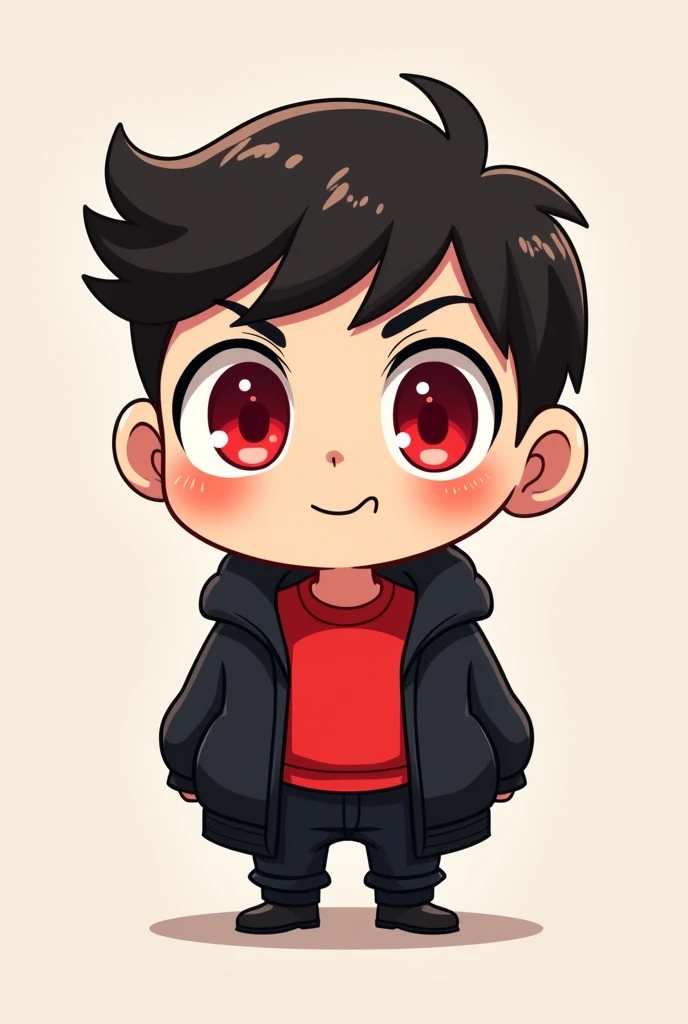 1. One man 2. Chibi figure 3. Red inner shirt 4. Black sweater 5. red eyes