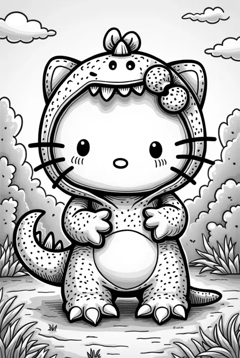 create a hello kitty dressed as a dinosaur to color