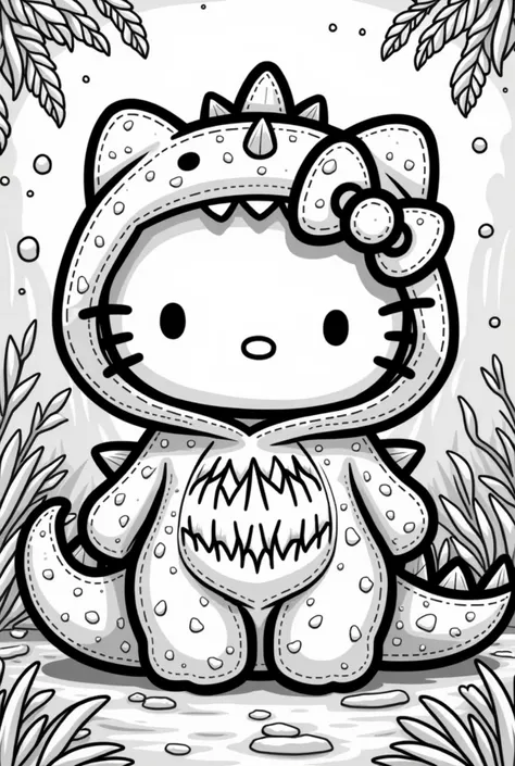 create a hello kitty dressed as a dinosaur to color