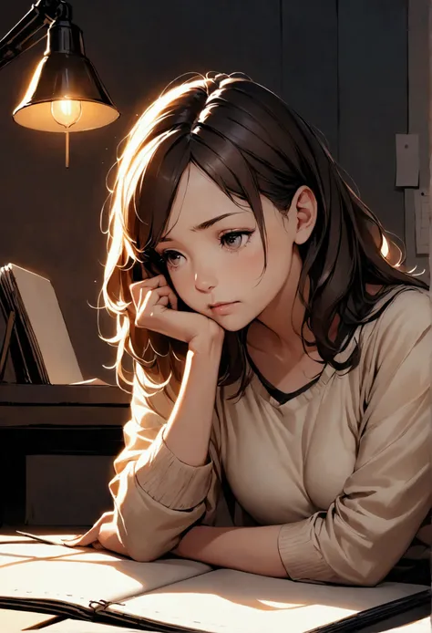 Young female artist in a cozy, dimly lit studio, leaning over a sketchbook. Soft lamplight illuminates her concentrated face and the paper. Photorealistic style with warm, muted colors.