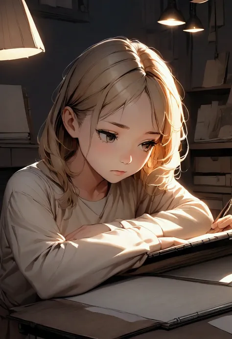 Young female artist in a cozy, dimly lit studio, leaning over a sketchbook. Soft lamplight illuminates her concentrated face and the paper. Photorealistic style with warm, muted colors.