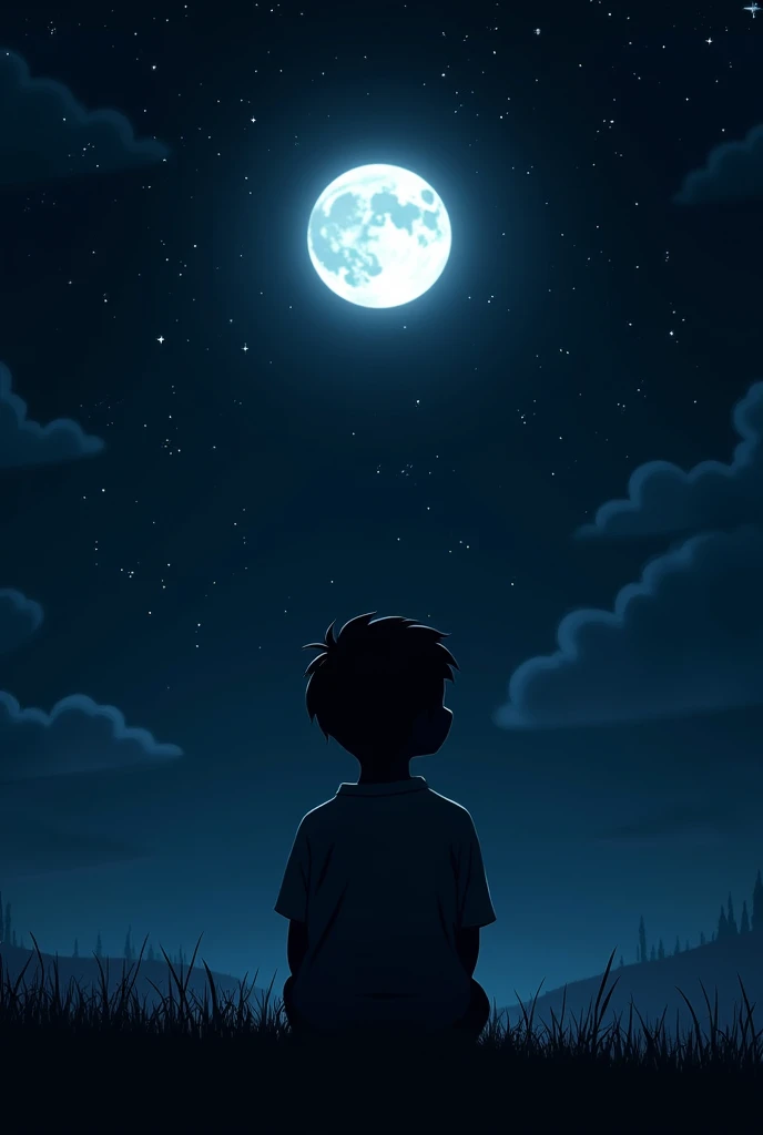 a black laptop wallpaper with the starry sky and a boy sitting in the dark watching the moon