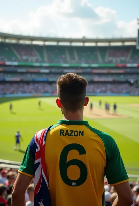 A 20 years old boy wearing Australia cricket jersey with name RAZON and watching live cricket in beautiful Stadium, weaving Australia flag in shoulder. Realistic photo,Show from backside 