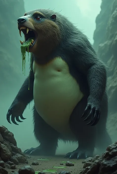 A beaver and a penguin fused into a kaijin in a very disgusting and monstrous way like Frankenstein roaring with green saliva