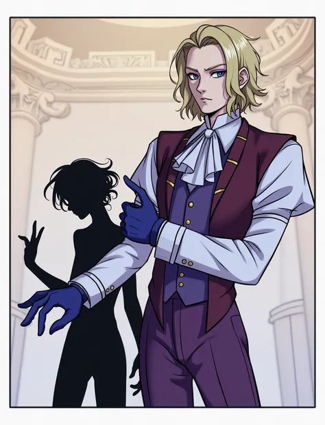 Pale and tall man, Appears to be 30-3. Its been a long time (to the waist) With light blond hair with a golden tint, Thin gray-blue eyes with dark purple eyeshadow and noticeably high cheekbones. His clothes are in Victorian style, old, Long dark burgundy ...