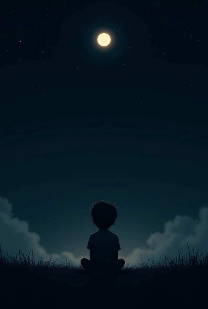 a black desktop wallpaper of a starry sky and a boy sitting in the dark watching the moon