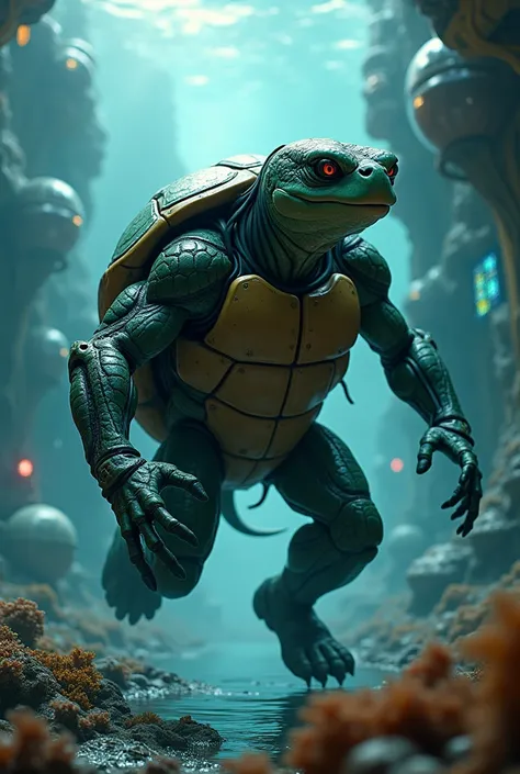 Turtle man in water modern sci fi hero