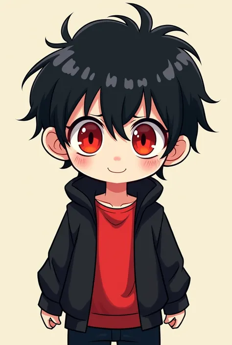 1. One man 2. Chibi figure 3. Red inner shirt 4. Black sweater 5. red eyes 6. ผมสีดำ