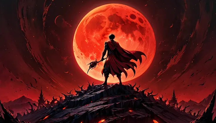 (masterpiece), best quality, highres, 4k, 8k, dark lighting, amazing quality, amazing shading, dark red lighting, very dark-red moon in dark black night sky, one shadow of male dark black shadow demon in center of the gigantic moon, extremely detailed, Ill...