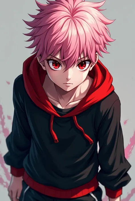 Yuji Itadori is a white-skinned boy with short pink hair that is pulled back and spiky. He has blood red eyes. He wears a long-sleeved black shirt with a red hood that is lowered. He has black sports pants and red shoes.