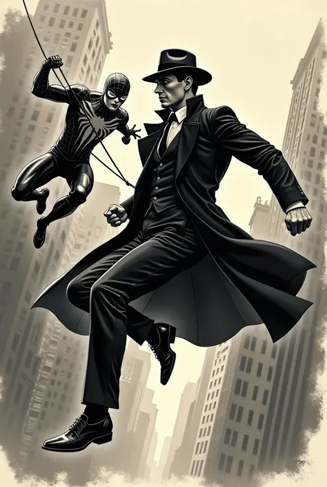 A detective man swinging with a spiderman, profile viewmask, with a black coat and black hat, vintage detective style, sketchbook draw style in 1930