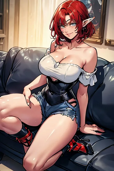 1girl, beautiful elf woman, ((Short Red Hair, Straight, has shine)) Blue eyes, double eyelids, light effect on eyes, detailed irises, beautiful curvy body, glasses, ((White Off the Shoulder Shirt, Sleeveless, Strapless)), blue denim mini shorts, black high...