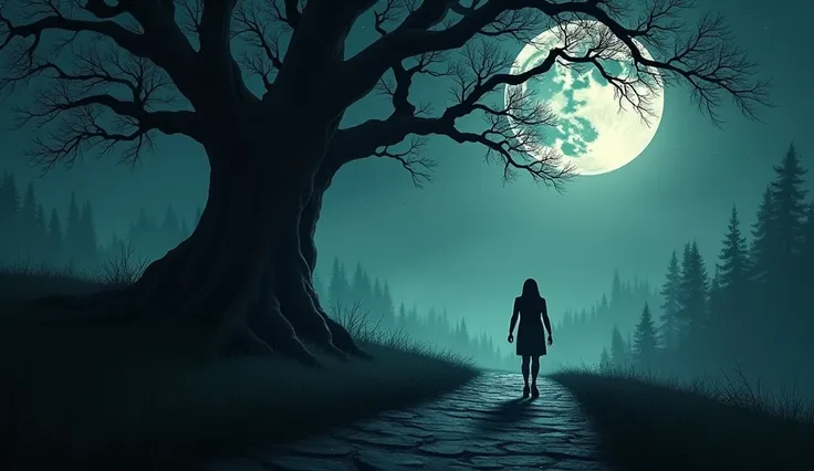 An adult woman attempting to walk up a sinister and ominous moonlit path leading to a huge tree, with the silhouette of a woman barely visible in the shadows waiting at the side of the huge tree on the path, atmosphere of fear and terror.