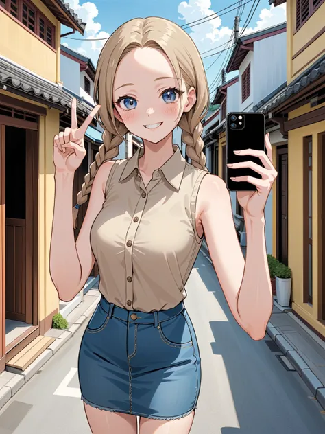 realistic anime illustration of pretty young damsel at Phuket old town, she is selfieing by her smartphone and making v-sign hands, smiling, she has a brown double braids (forehead), wearing beige sleeveless collared blouse, blue-gray denim pencil mini ski...