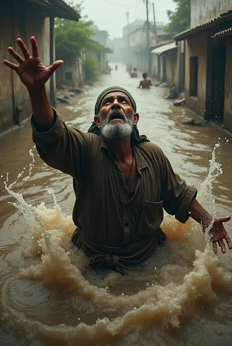 A village farmer of middle age with beard is drowning in a flood and seeking prayer to Allah