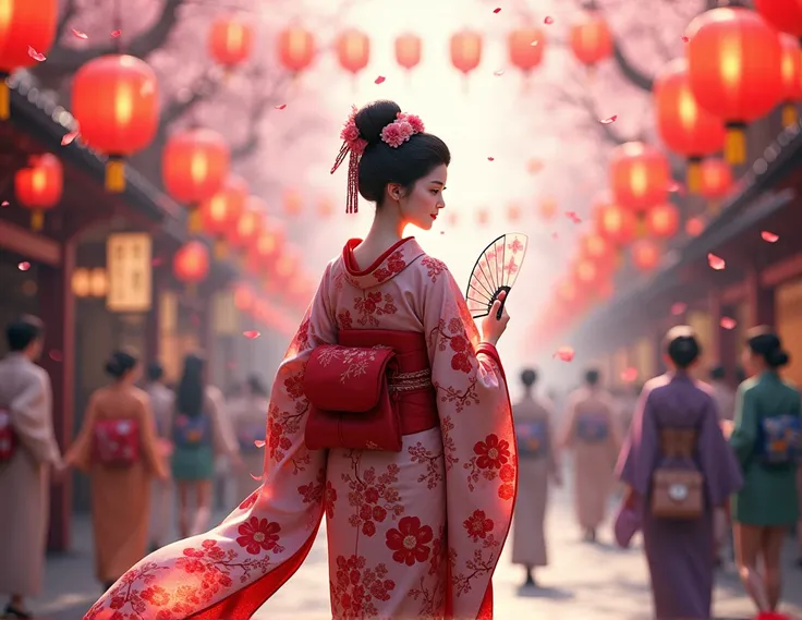 o	A geisha in a vibrant kimono with patterns of cherry blossoms and fans, walking under a shower of cherry blossom petals at a Japanese festival, with paper lanterns hanging and other people in traditional outfits around.