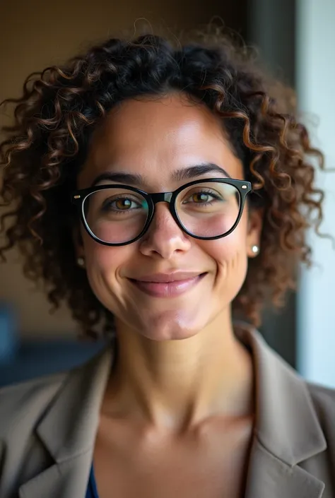 sada, create a woman, blonde, Brazilian, with photo taken by cell phone, but used for corporate purposes. She is in sales, works in a start up. make it very realistic, She must be about 3, curly hair and glasses. Make it a little uglier, and chubby.
