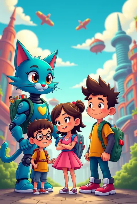 "Create an illustration featuring a group of five characters in a fun and vibrant cityscape.

The first character is a futuristic, cat-like robot with blue fur, a round face, and a kind expression. It has a pocket on its belly from which it can pull out va...