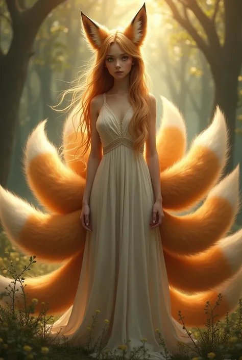 realistic girl with fox ears nine tails golden bright eyes