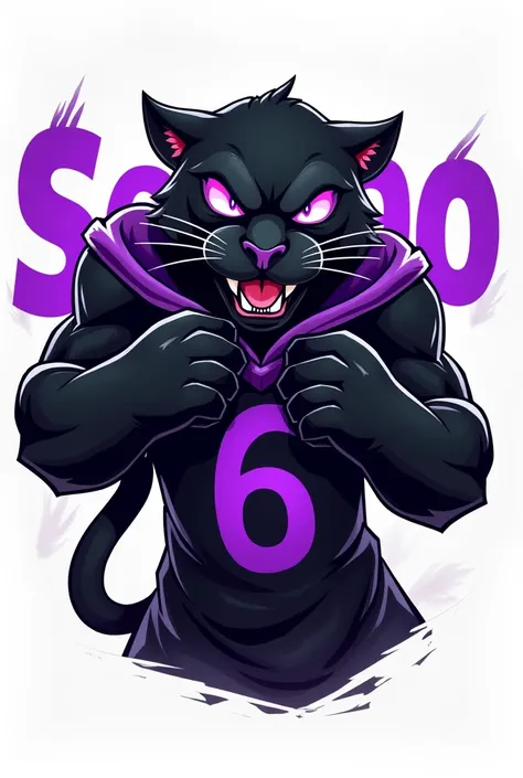 Black panther angry animal as if it were going to tear the shirt with a letter behind the panther written sextão with purple eyes black shirt with purple details with the number six printed on the shirt in animation with a white background 