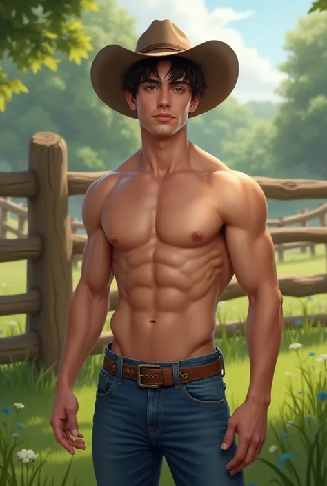 a handsome young adult boy, very pale white, with short straight chocolate brown hair, wearing a cowboy hat, with a strong muscule medium chubby body, showing his abs, wearing blue jeans, on a far outside in the garden near a fence of wooden sticks.
