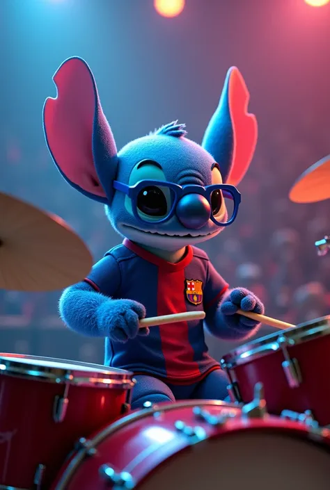 Stitch playing drums and wearing the Barcelona shirt, Add some blue sunglasses to Stitch