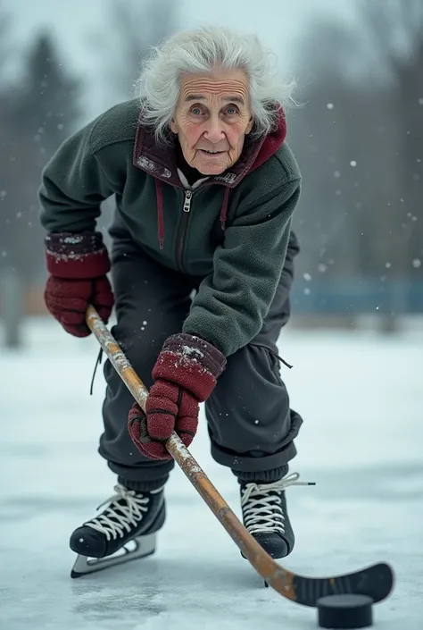 old woman playing hockey