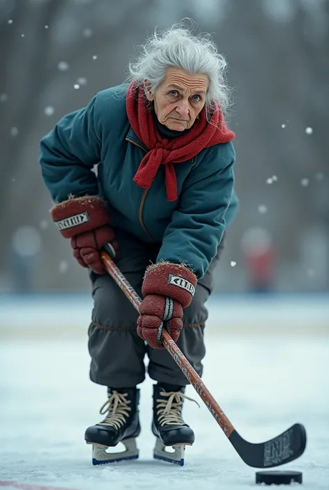 old woman playing hockey