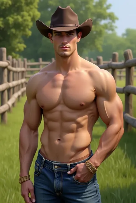 a handsome young adult boy, very pale white, with short straight chocolate brown hair, wearing a cowboy hat, with a strong muscule medium chubby body, showing his abs, wearing blue jeans, on a far outside in the garden near a fence of wooden sticks.
