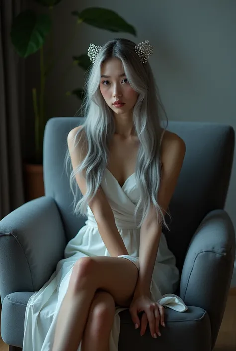 Girl sits elegantly on a modern soft chair, looks straight, Sits up straight, against the backdrop of a dark bedroom, light gray long hair, good lighting, realistically, photo, sparkling hair decorations