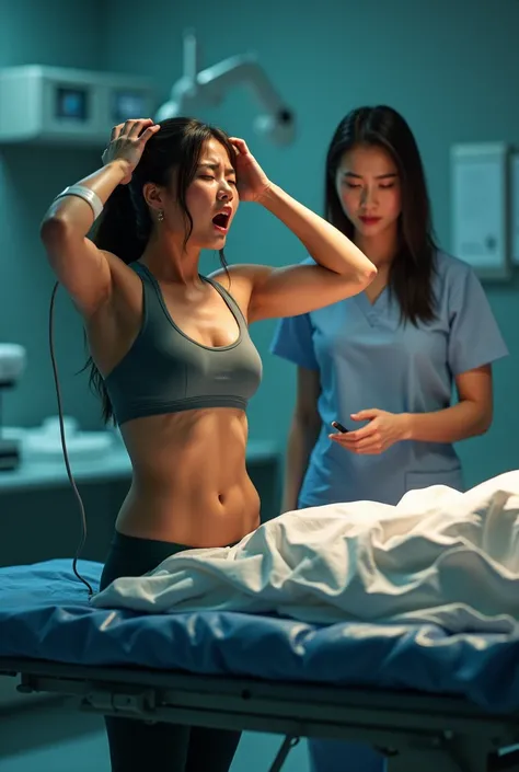 athletic attractive 2 asian woman wearing sports bra and long pants lying flat on operating table in operating room, IV line attached to arm. muscular arms. sweaty. crying in pain, hands over head. female nurse attending to her.


