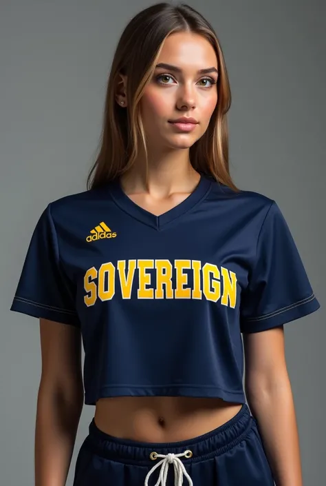 Women&#39;s cropped top in navy blue with yellow letters for an academic dentistry team called Sovereign