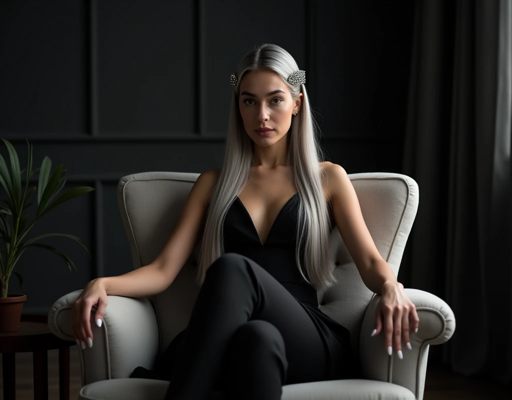 Girl sits elegantly on a modern soft chair, looks straight, Sits up straight, against the backdrop of a dark living room, light gray long hair, good lighting, realistically, photo, sparkling hairpins